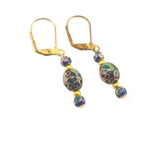 Vintage Cloisonné Drop Earrings With Floral Bead Design